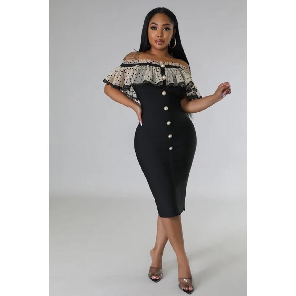 Good Time USA Polka Dot Off Shoulder Bodycon Dress Size 1XL Black Cream